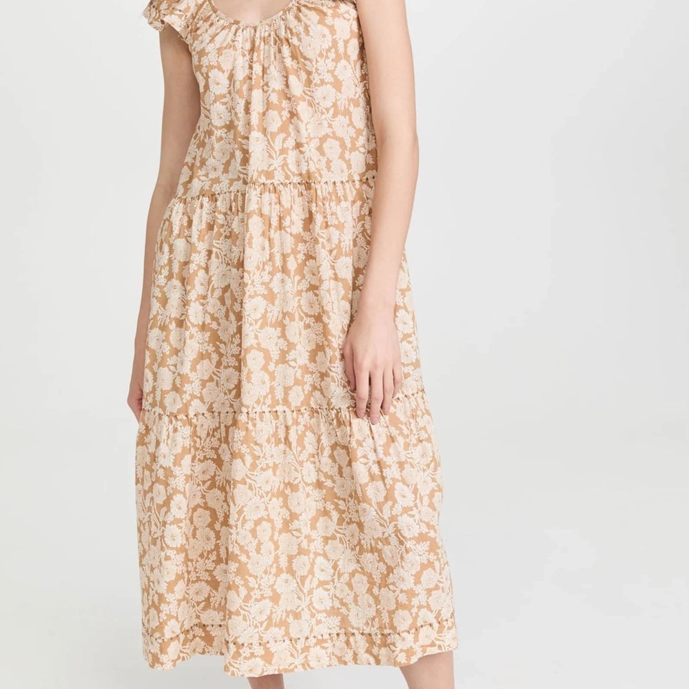 THE GREAT. Beige Floral Midi Dress